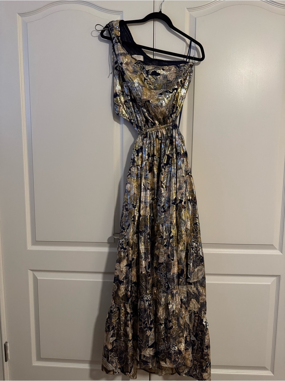 J. Crew One-Shoulder Metallic Floral Maxi Dress in Gold and Navy